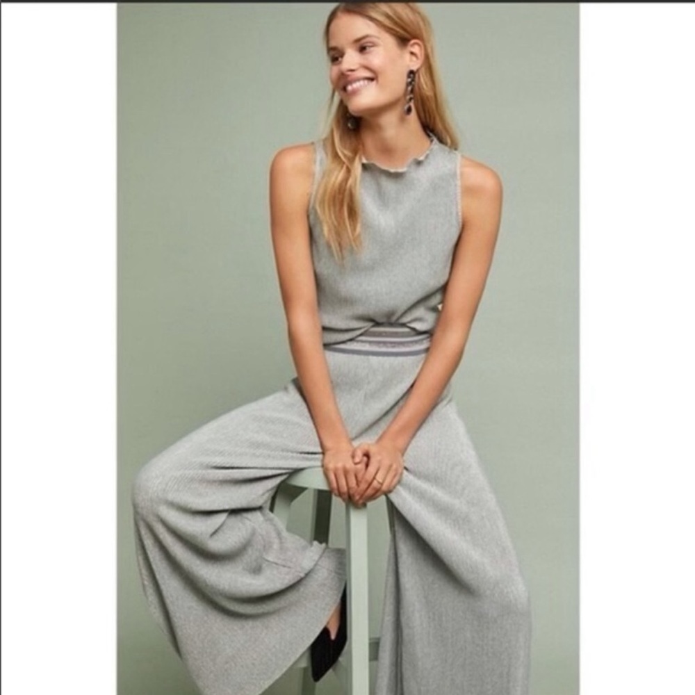 Anthropologie Ett Twa Set Metallic Gray Wide Leg Pants & Sleeveless Top‎ XS & S